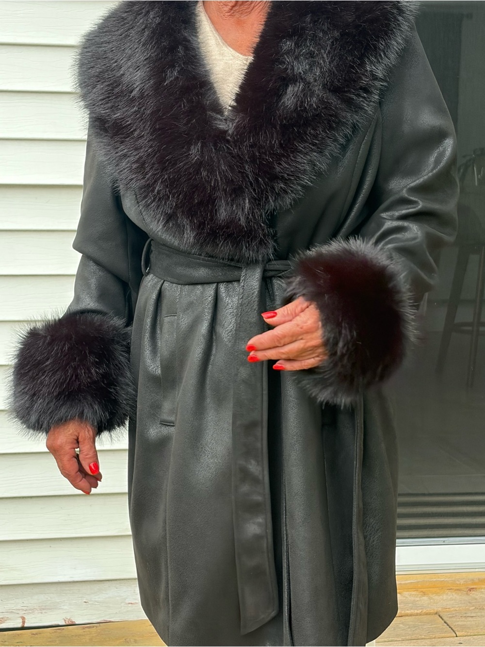 Joseph Ribkoff Faux Fur Trim Leather-Style Belted Coat - Women